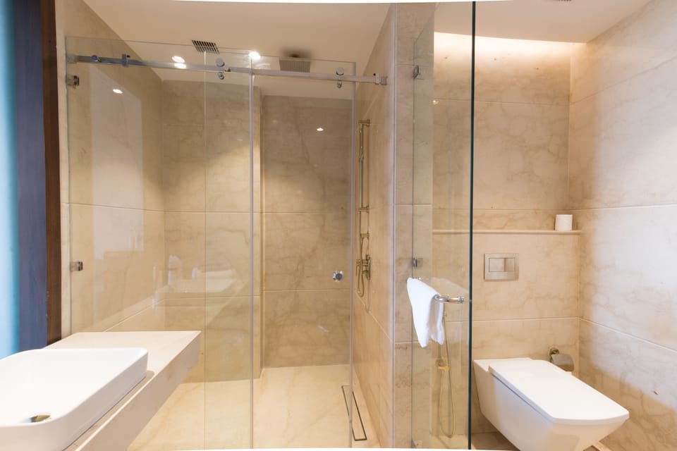 Shower, slippers, towels