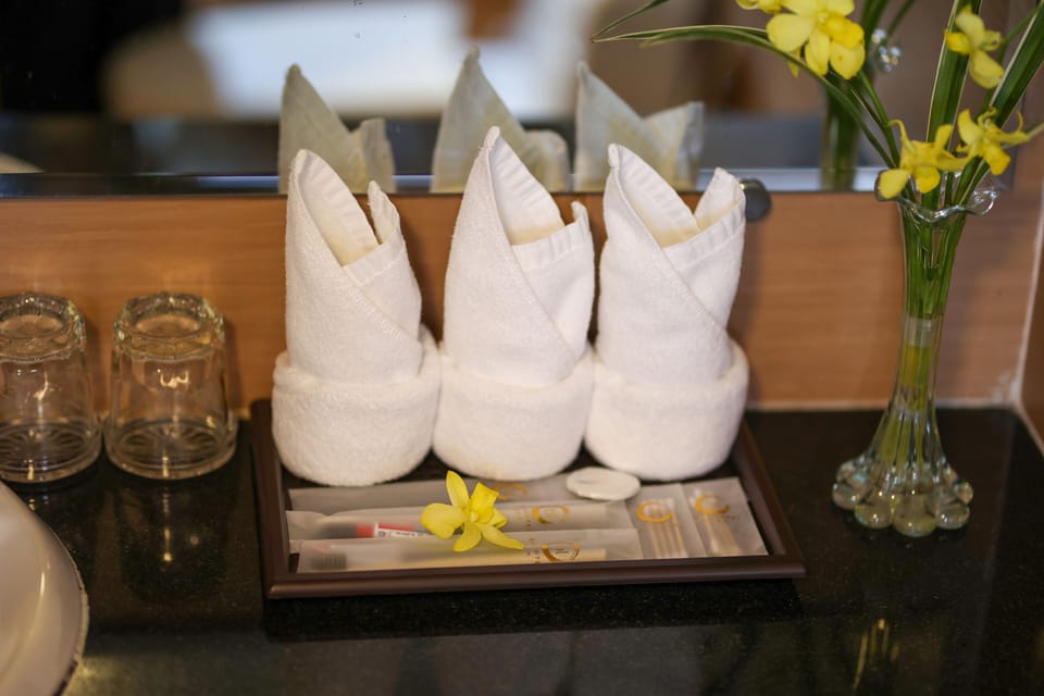 Combined shower/tub, free toiletries, hair dryer, slippers