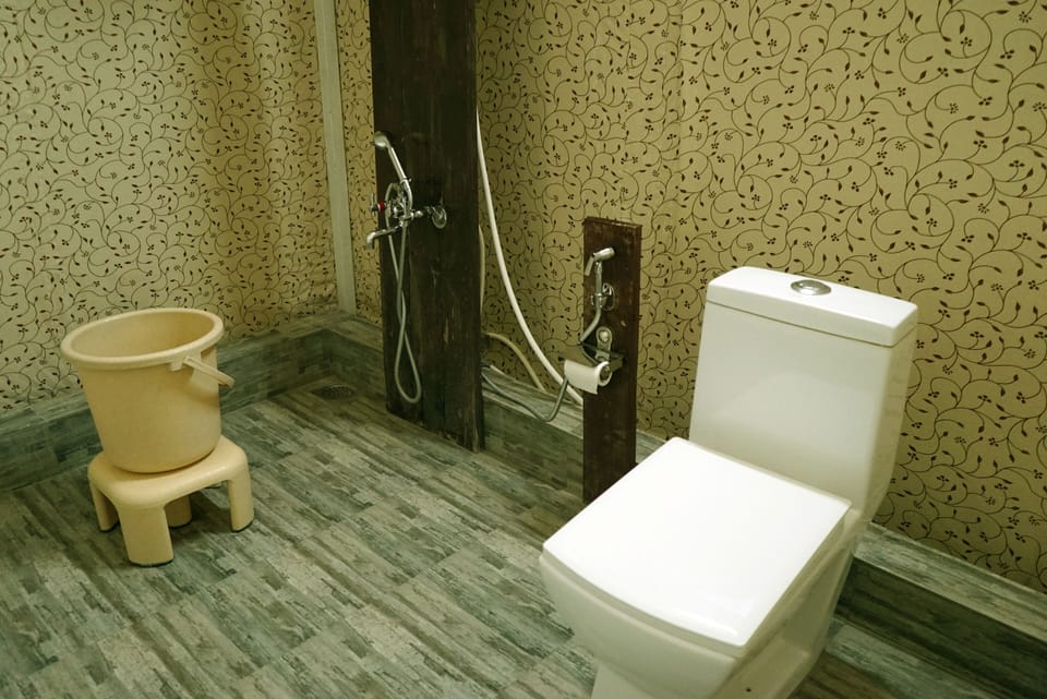Shower, free toiletries, slippers, towels