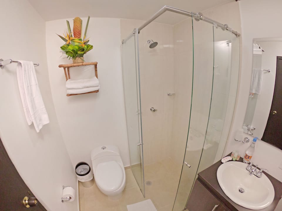 Shower, rainfall showerhead, free toiletries, hair dryer