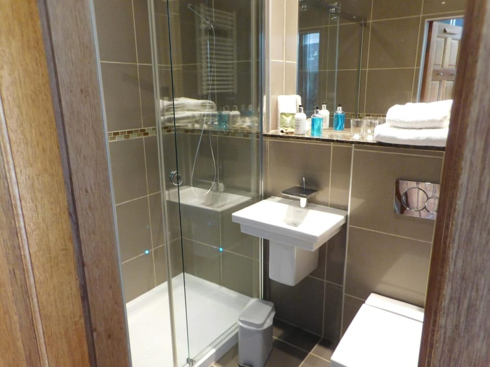 Shower, free toiletries, hair dryer, bathrobes
