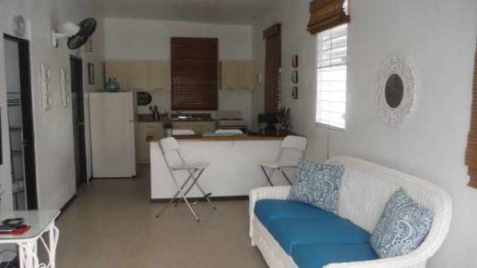 View of the living room and kitchen.