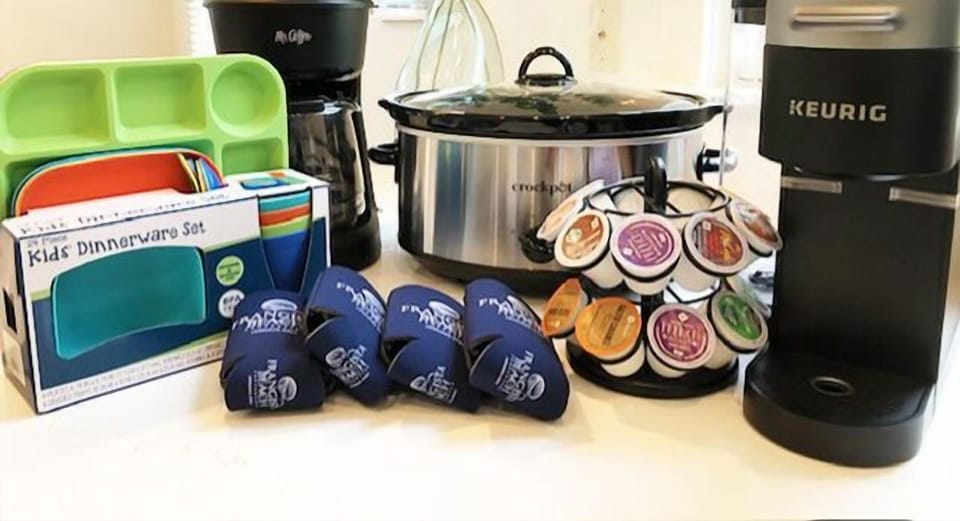 KITCHEN VACAY ESSENTIALS INCLUDED!  Drip & Keurig Coffee Makers with K cups, Kids Dinnerware, Coozies & CROCKPOT!