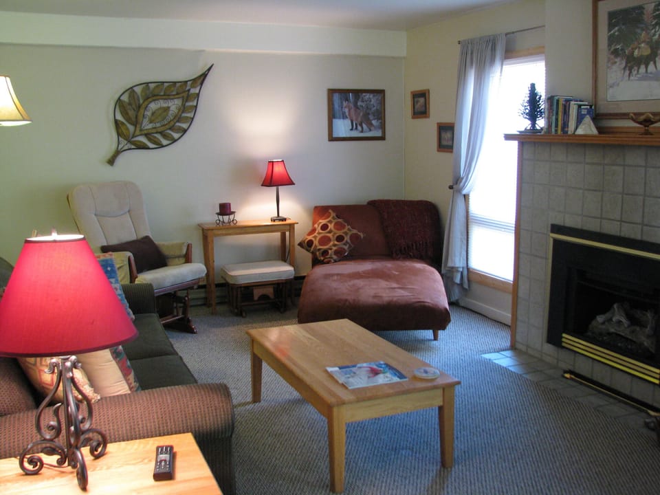 Living room, gas fireplace, lounge chair, queen sleeper sofa on left