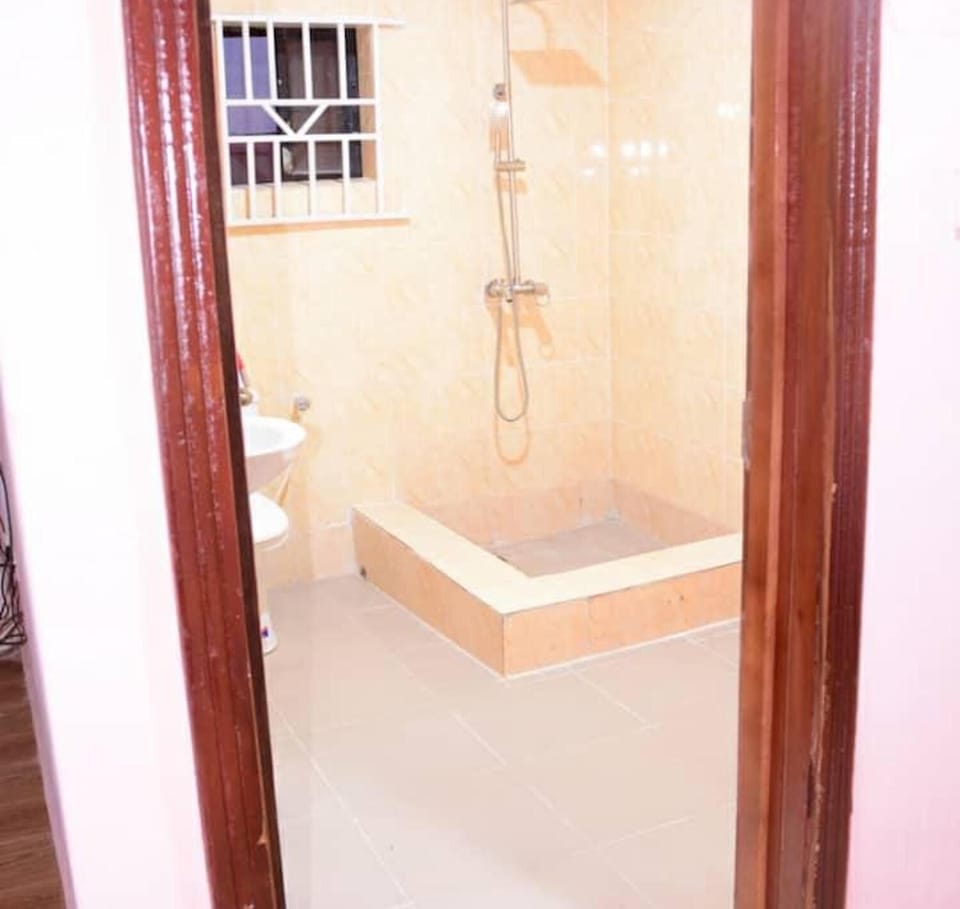 Shower, rainfall showerhead, towels