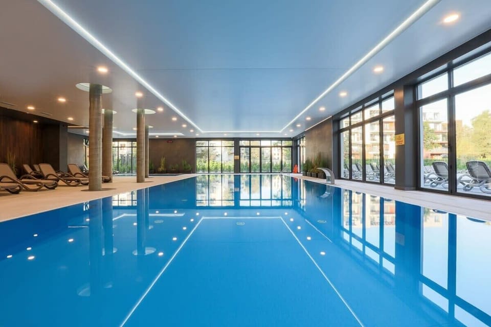 Large indoor swimming pool for active leisure.