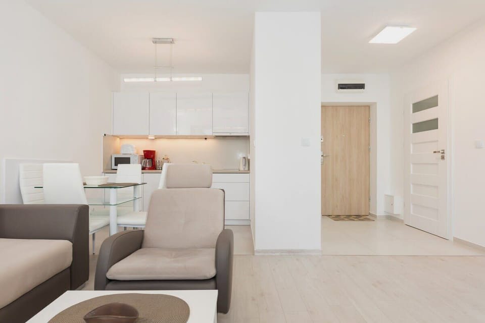 Functional living room with double sofa bed, coffee table, television, armchair, dining table, and kitchenette.