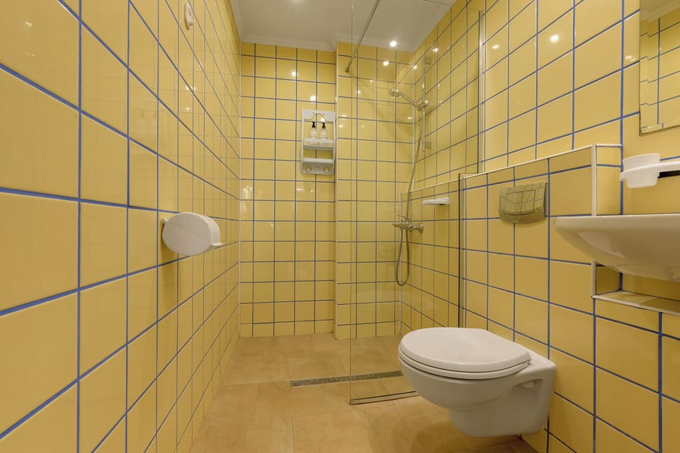Separate tub and shower, free toiletries, towels, soap