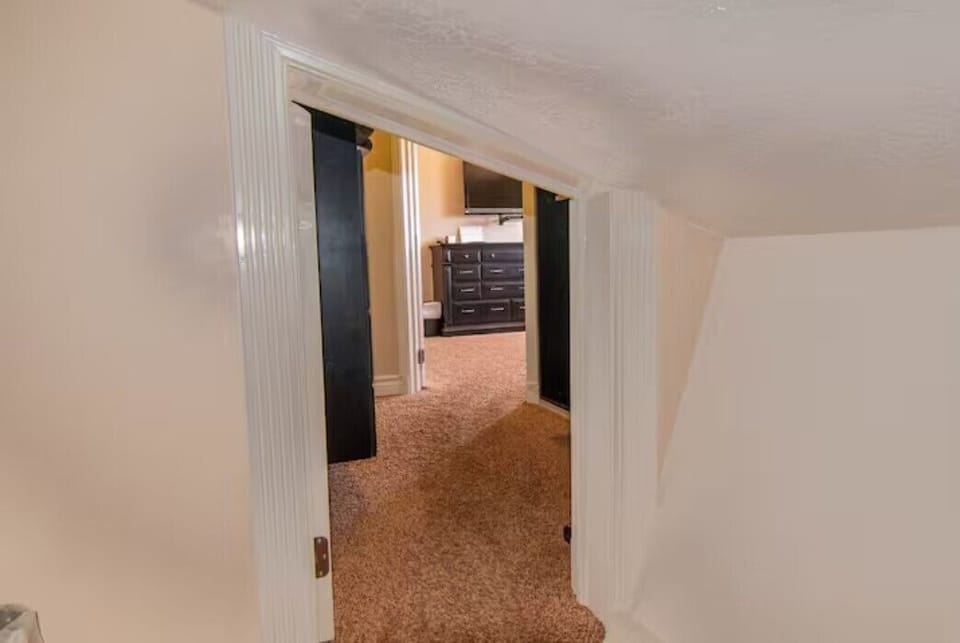 Looking thru SMALL door from the bonus room into the closet of the main bedroom