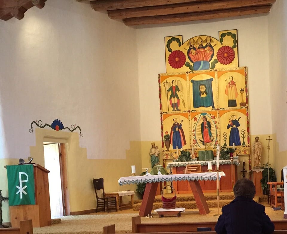 Beauty of retablos of 1 of 10 mission churches, here St Mary's, Ojo Caliente.