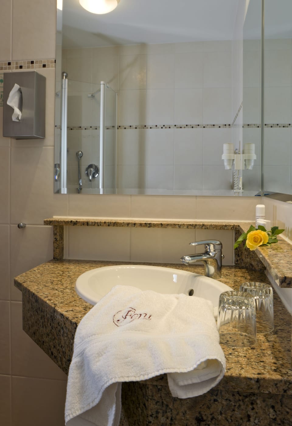 Shower, free toiletries, hair dryer, towels