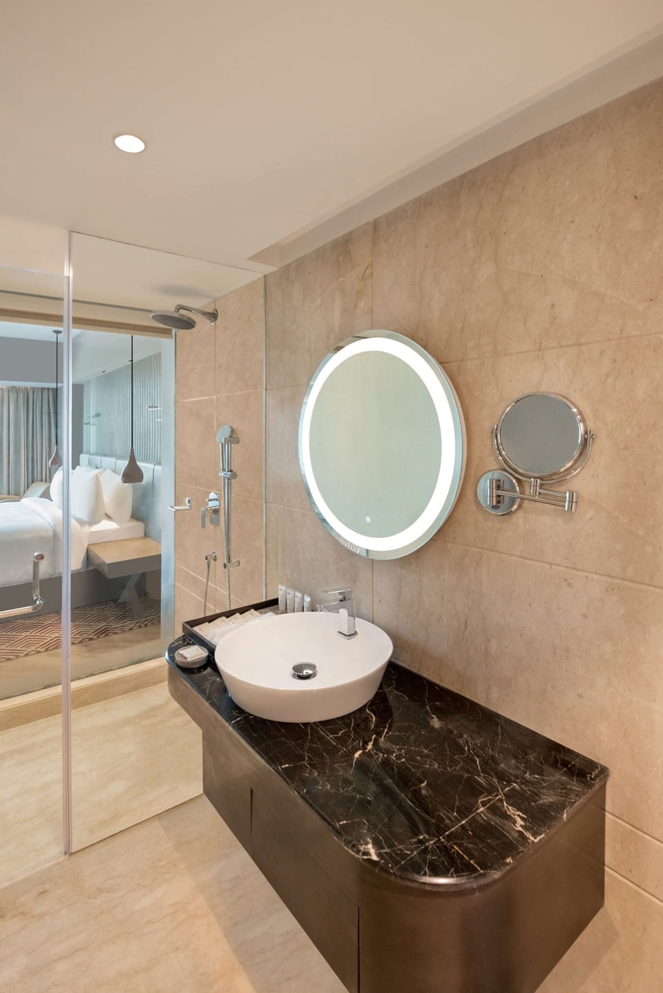 Shower, rainfall showerhead, free toiletries, hair dryer