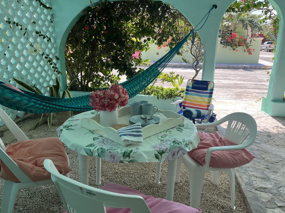 Front roofed terrace with hammock, table and chairs, quiet and great for relax