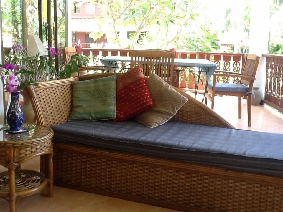 Covered downstairs terrace with fan for lounging and dining! Lovely views here!