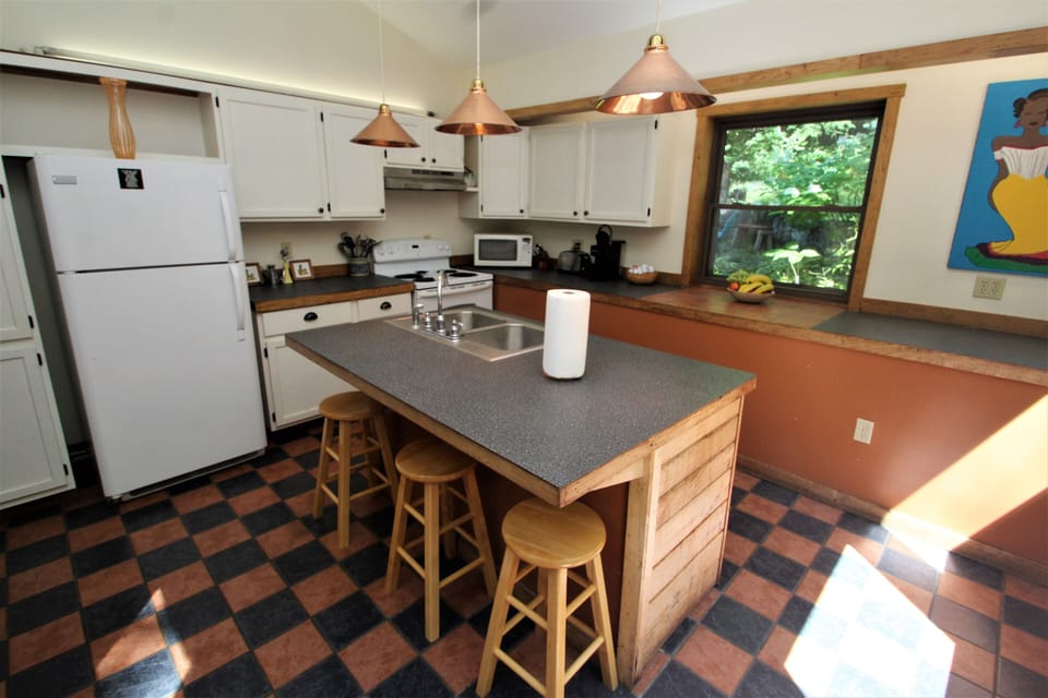 Full size kitchen with excellent counter space and vaulted ceiling.