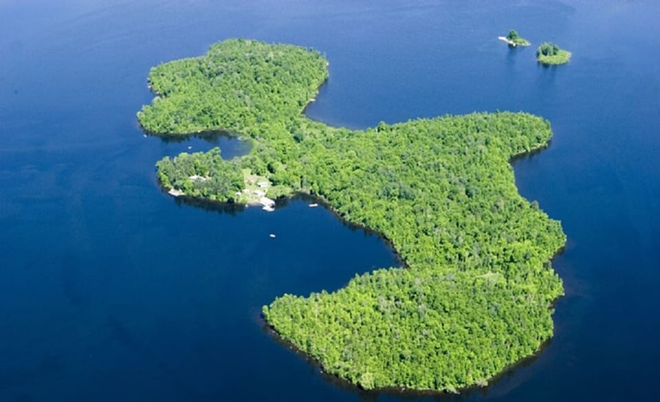 Aerial view of private 45 acre Strand Island