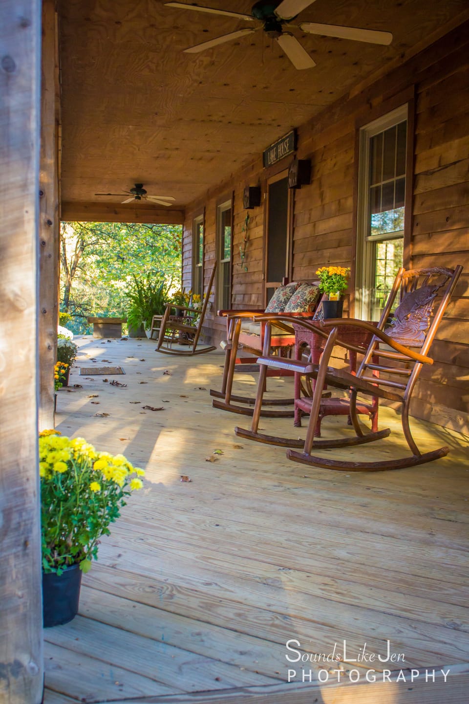 Front deck with rocking chairs.