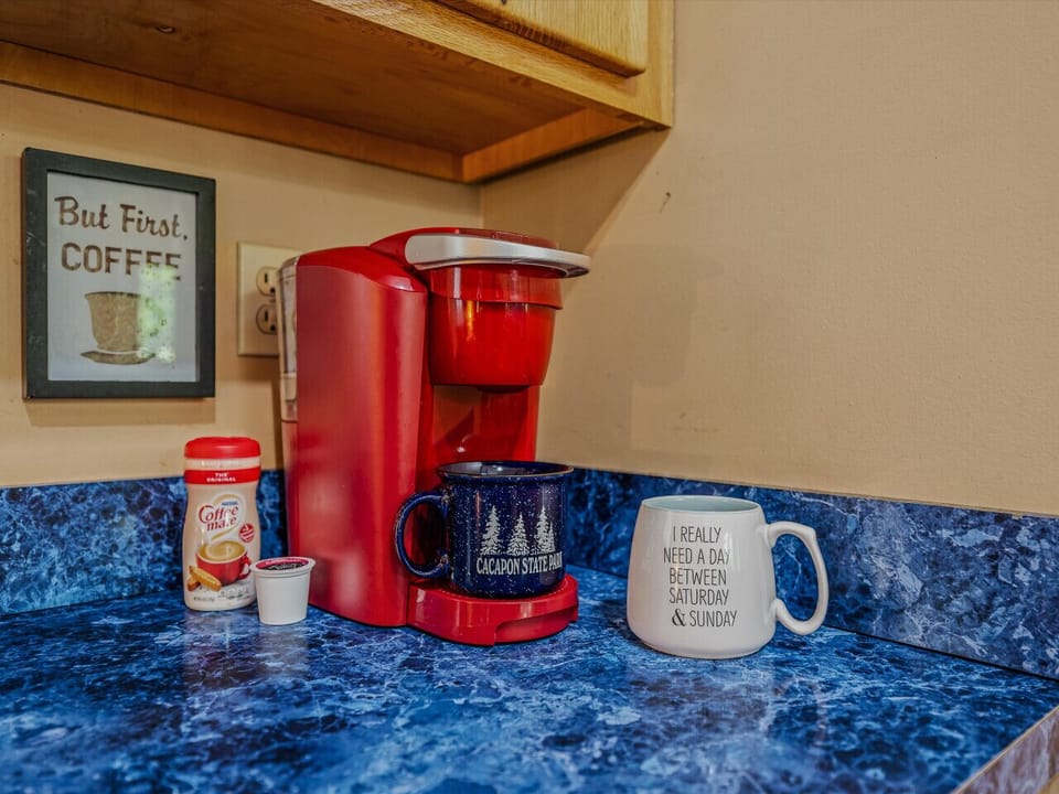 K-cup machine and mugs available. Bring your k-cups, cream, and sugar