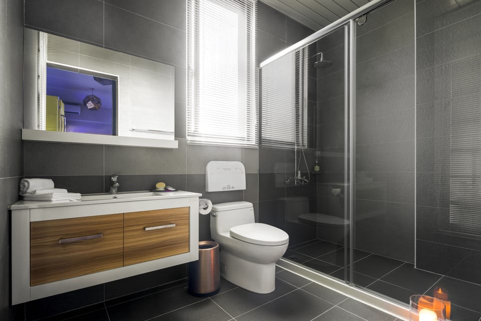 Shower, hair dryer, slippers, towels