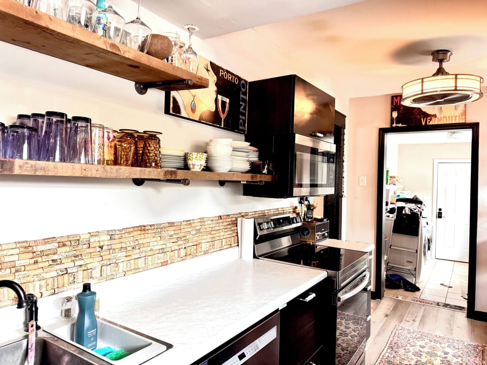 Galley style kitchen fully stocked