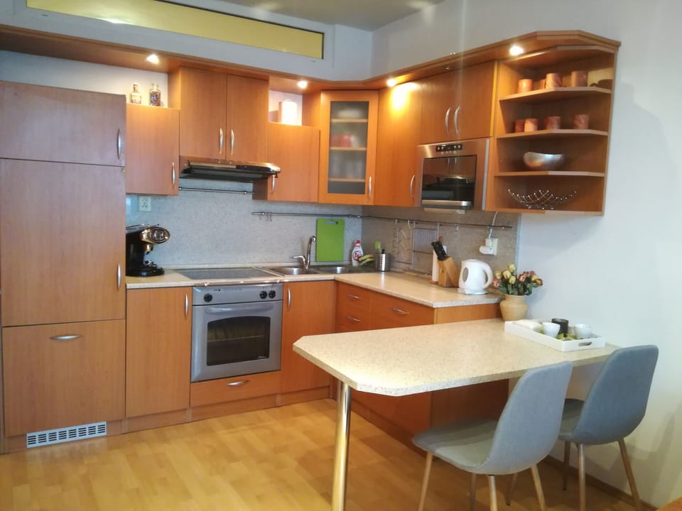 Fully equipped kitchen with coffe maker, sugar, oil, tea, etc.