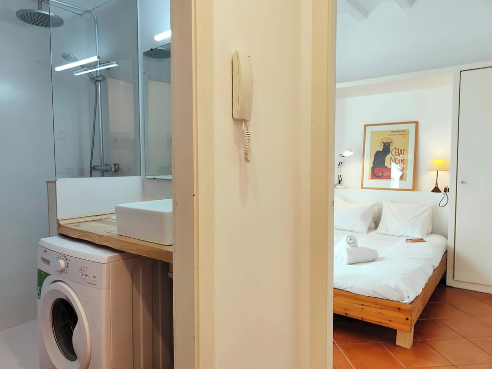 The washing machine is integrated into the bathroom space.