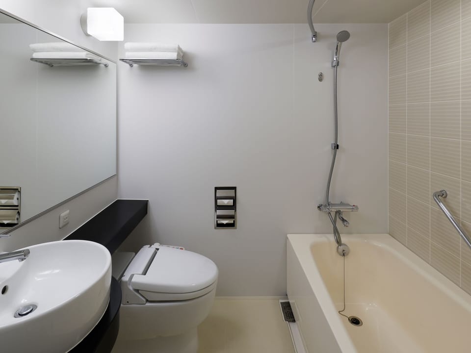 Combined shower/tub, free toiletries, hair dryer, slippers