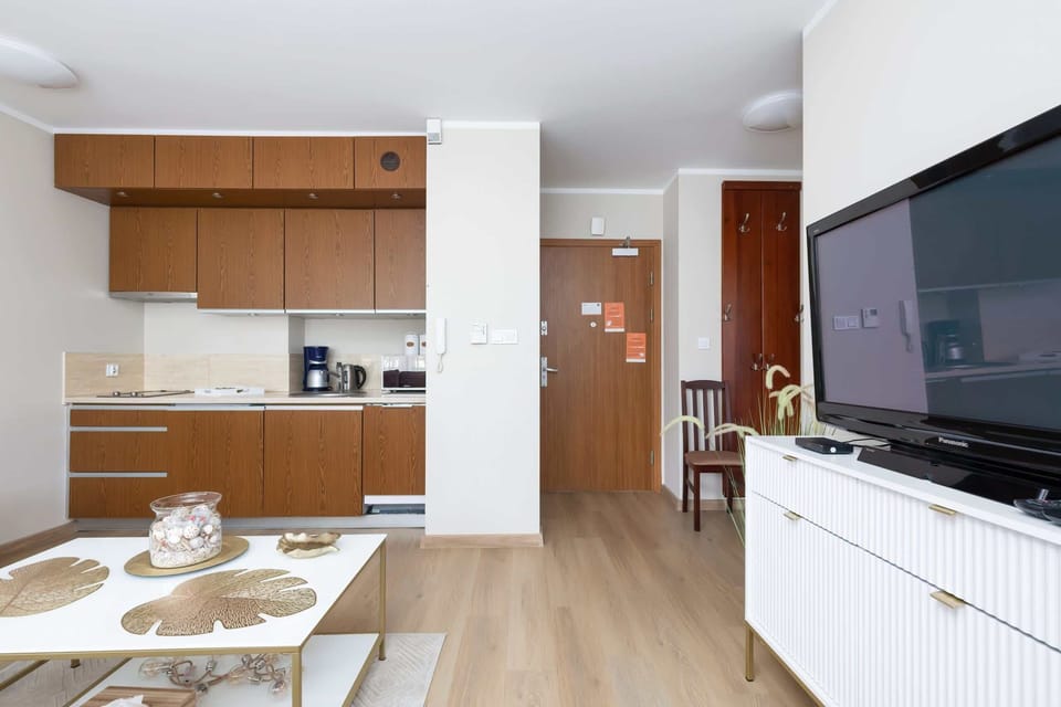 To the right you can see the large flat-screen TV that provides evening entertainment. In the background is the kitchenette with brown furniture.