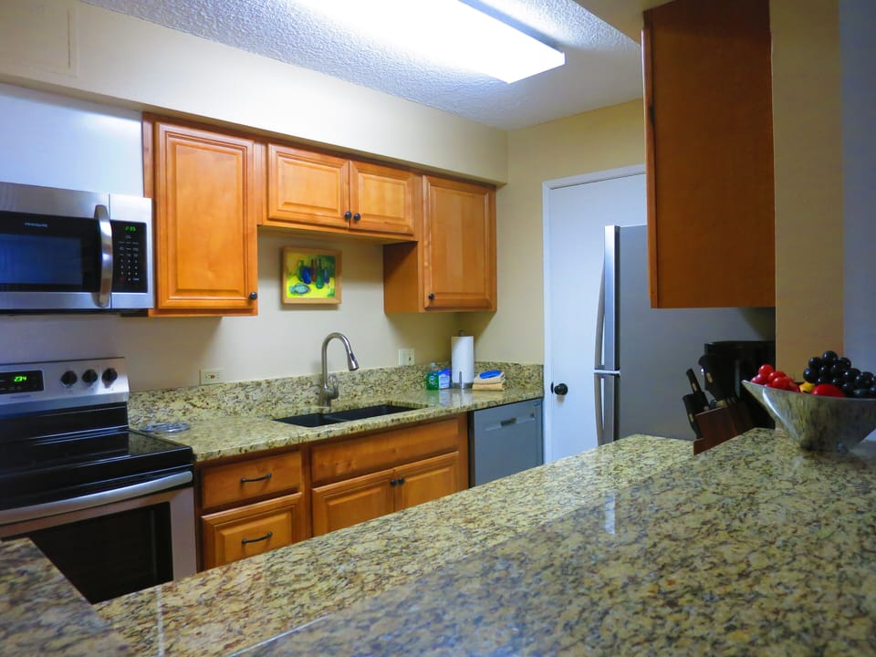 FULLY EQUIPPED KITCHEN WITH NEW STAINLESS STEEL APPLIANCES AND GRANITE COUNTERS