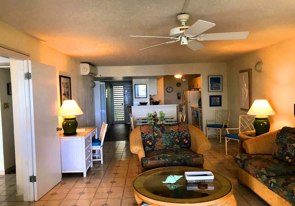 Large breezy living room has a split A/C on the off chance you would need it