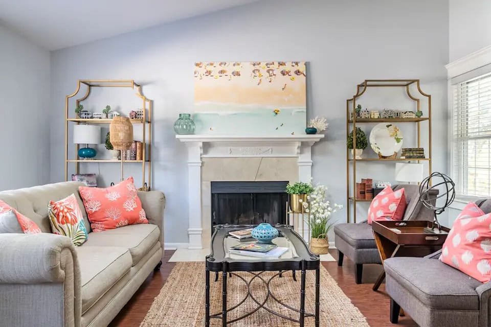 The open, decorative, family room greets you upon entering the front door.