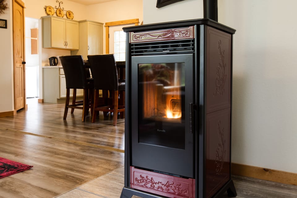 Pellet stove looking into kitchen