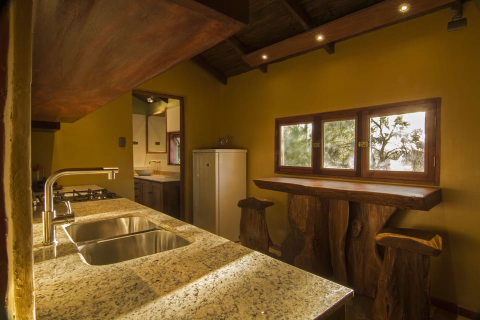 Kitchen with wooden bar by local artist