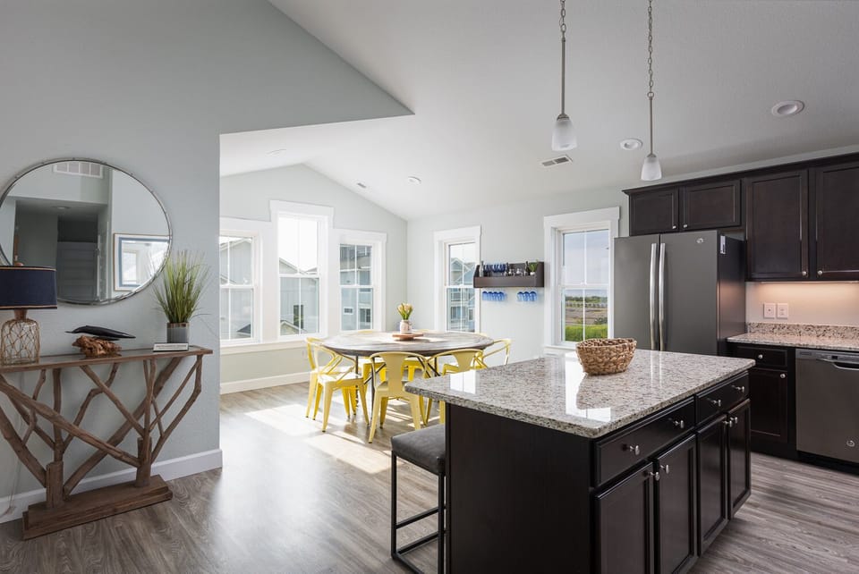 Kitchen island and dining area.