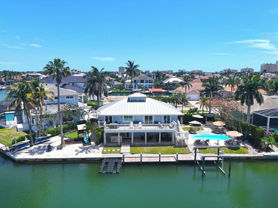 Aerial view of Journey's End water front location with 160 feet of waterway. 