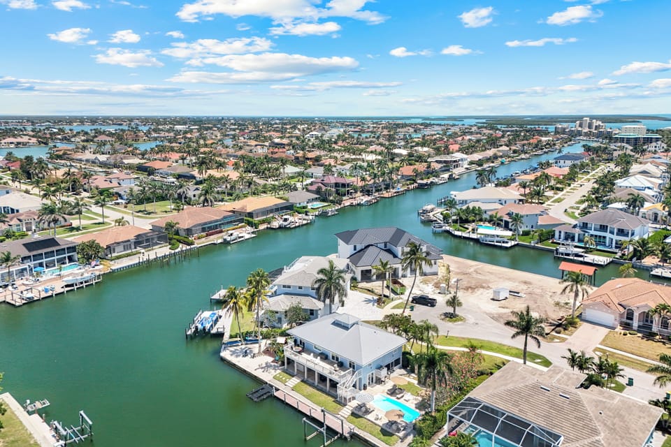 Aerial view of Journey's End water front location with 160 feet of waterfront
