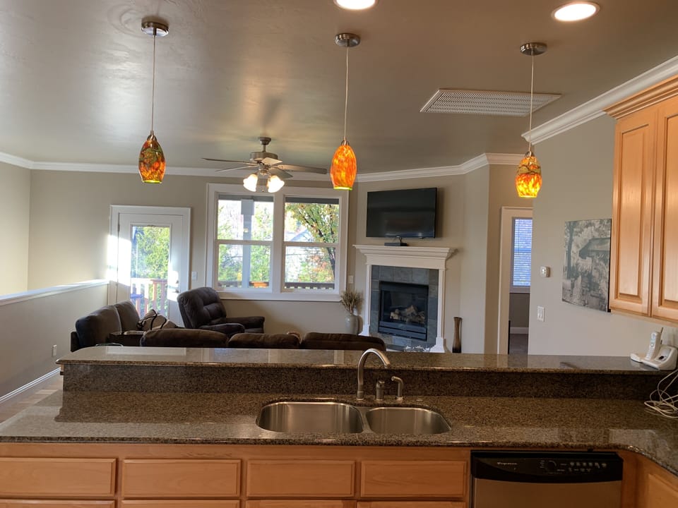 View from kitchen into living room 