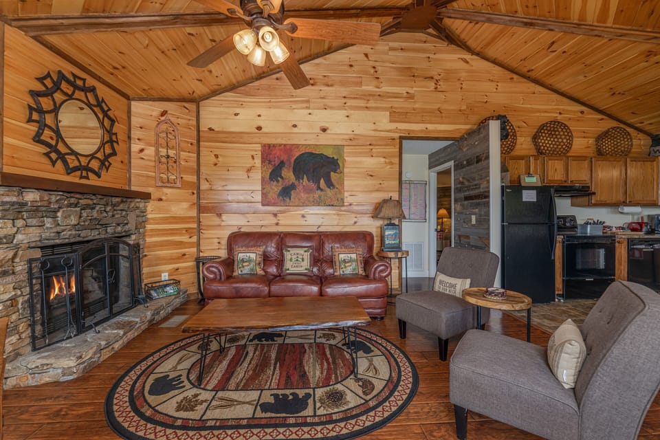 Cozy living area with wood burning fireplace
