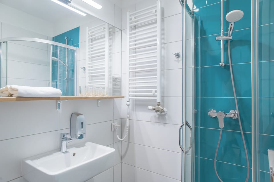 Shower, hair dryer, towels