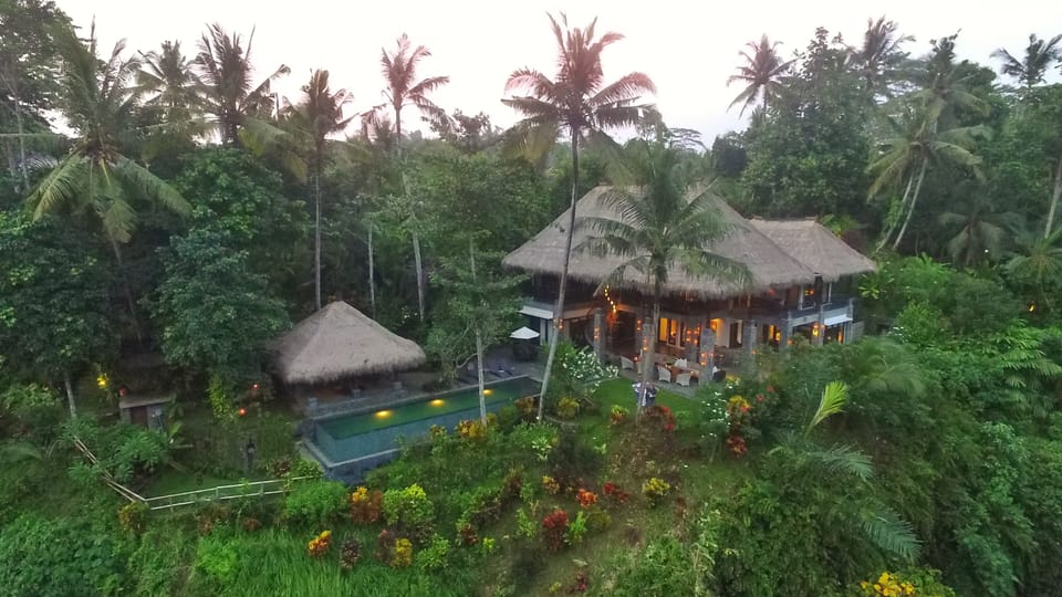 Aerial view of Alami Villa and the Petanu River canyon.