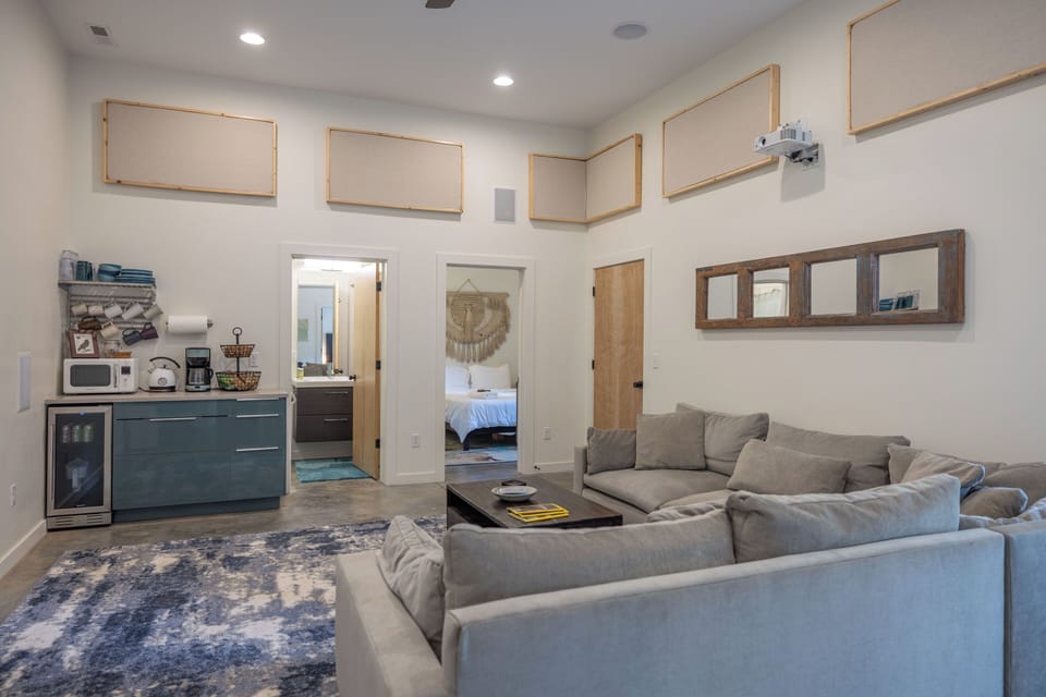 Breakfast bar and bathroom entrance. 