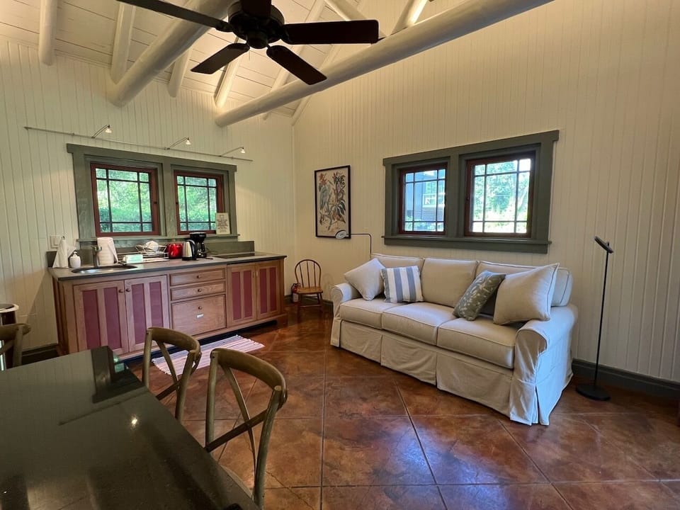 Sofa bed, kitchen unit and dining table.