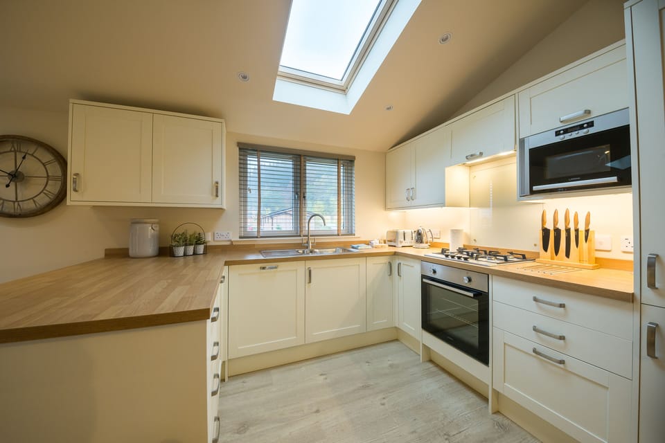 Full-size fridge, microwave, oven, stovetop