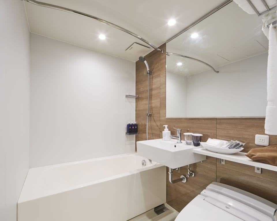Combined shower/tub, free toiletries, hair dryer, slippers