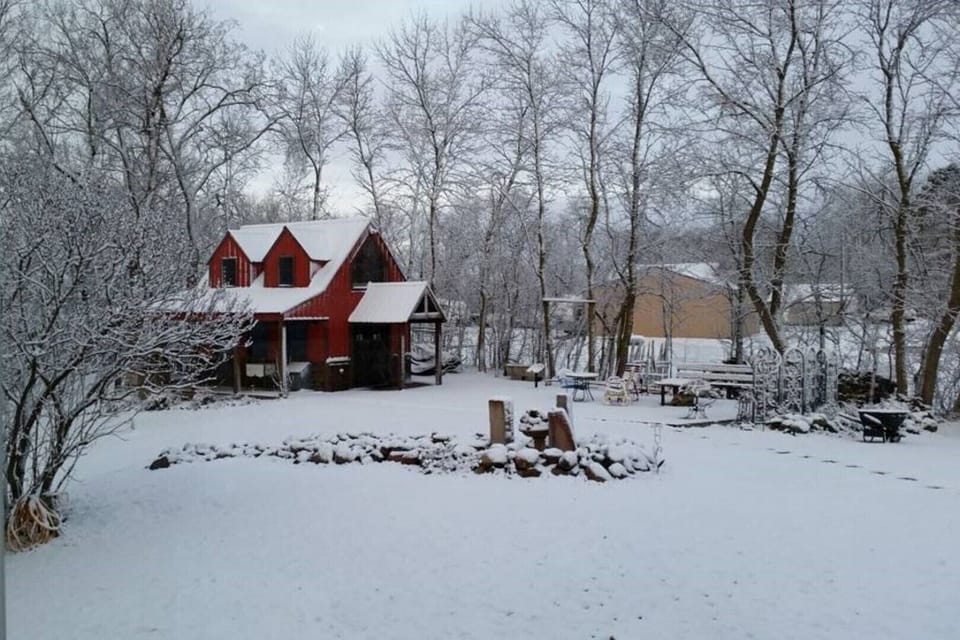 Brrr, but cozy and warm inside with a glowing fire.