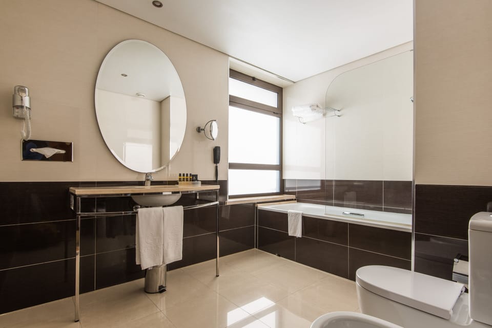Combined shower/tub, free toiletries, hair dryer, towels