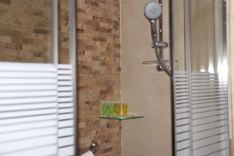 Shower, free toiletries, hair dryer, slippers
