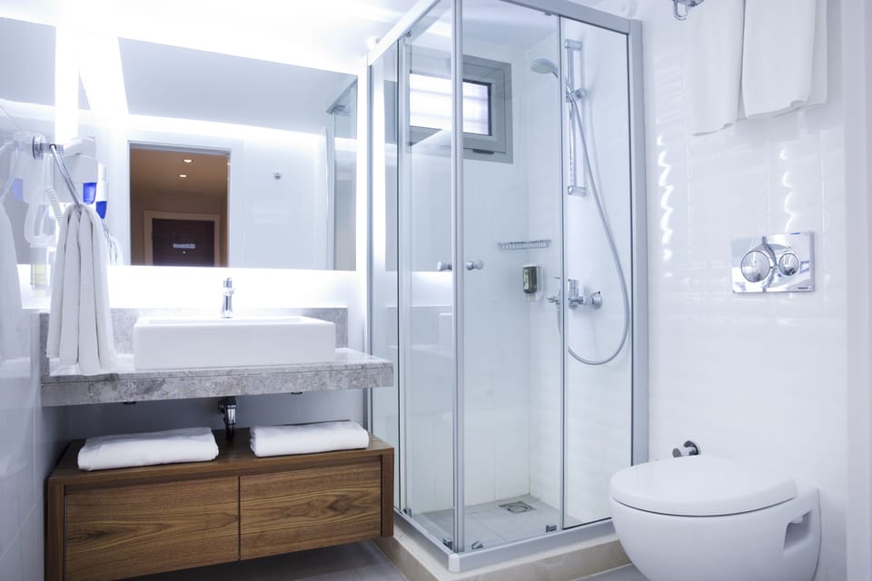 Shower, rainfall showerhead, hair dryer, slippers