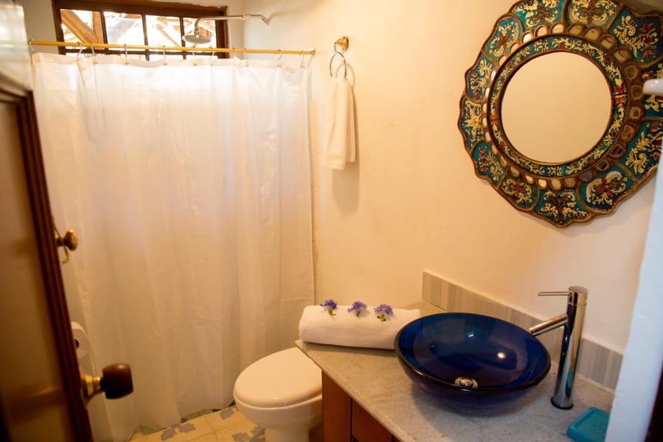 Shower, rainfall showerhead, hair dryer (on request), towels