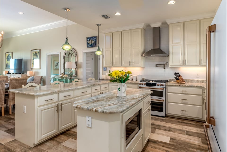 marble counters, plenty of cabinets. Fully stocked